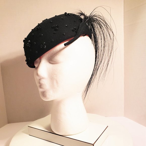 Adolfo II Black Wool Pillbox Beaded Evening Hat w/Horsehair Feather w/Hat Box - Picture 1 of 14
